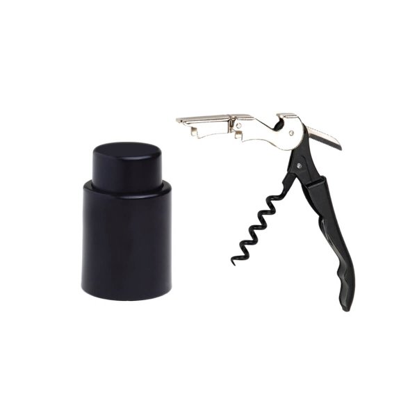 סט יין הכולל פותחן מלצרים מתכתי שחור ומשאבת ואקום עם פקק לשמירת טריות היין.